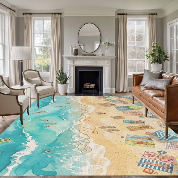 Summer Beach Time Area Rugs 5'x7', Washable Small Throw Rugs for Laundry Room Playroom, Ocean Waves Leisure Time Sandy Indoor Outdoor Rug Non-Slip Low Pile Carpet Runner Reversible Floor Mats