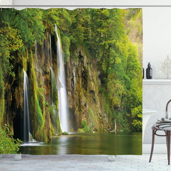 Ambesonne Nature Shower Curtain, Majestic Waterfall River, 69"Wx70"L, Green Brown White