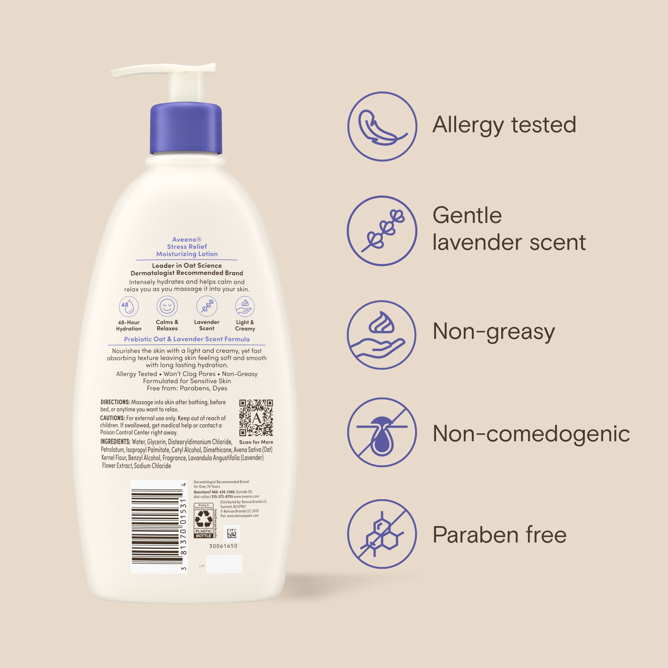Aveeno Stress Relief Body Lotion, Lavender Scent, 18 Fl oz