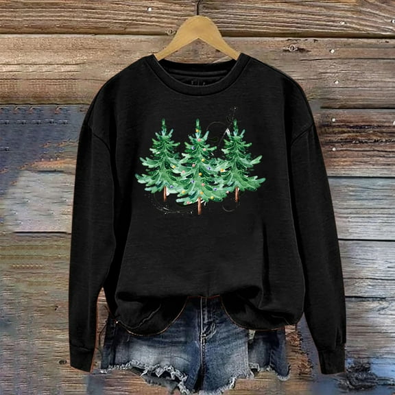 Black&Friday Deals Clear 50% off Wycnly Christmas Sweater Womens Oversized Sweatshirt for Christmas Plus Size Long Sleeve Ladies Pullover Tops Fashion Christmas Tree Print Sweatshirt