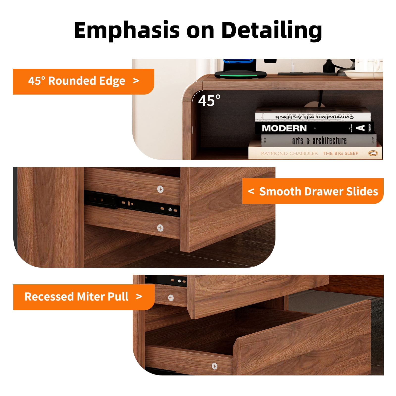 Hommoo 25" Tall Modern Wooden Nightstand Bedside Table with 2 Storage Drawers, Charging Station & Curved Profile Design, Mid Century End Table for Bedroom, Living Room, Walnut