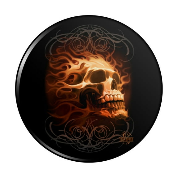 Flaming Fire Skull Design Pinback Button Pin