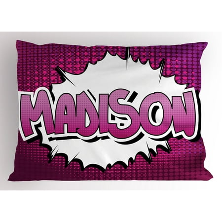 Birthday Pillowcase - Madison Pillow Sham Female Name in Feminine Colors for Girls Birthday Celebration Cartoon, Decorative Standard Size Printed Pillowcase, 26 X 20 Inches, Fuchsia Pink and White, by Ambesonne