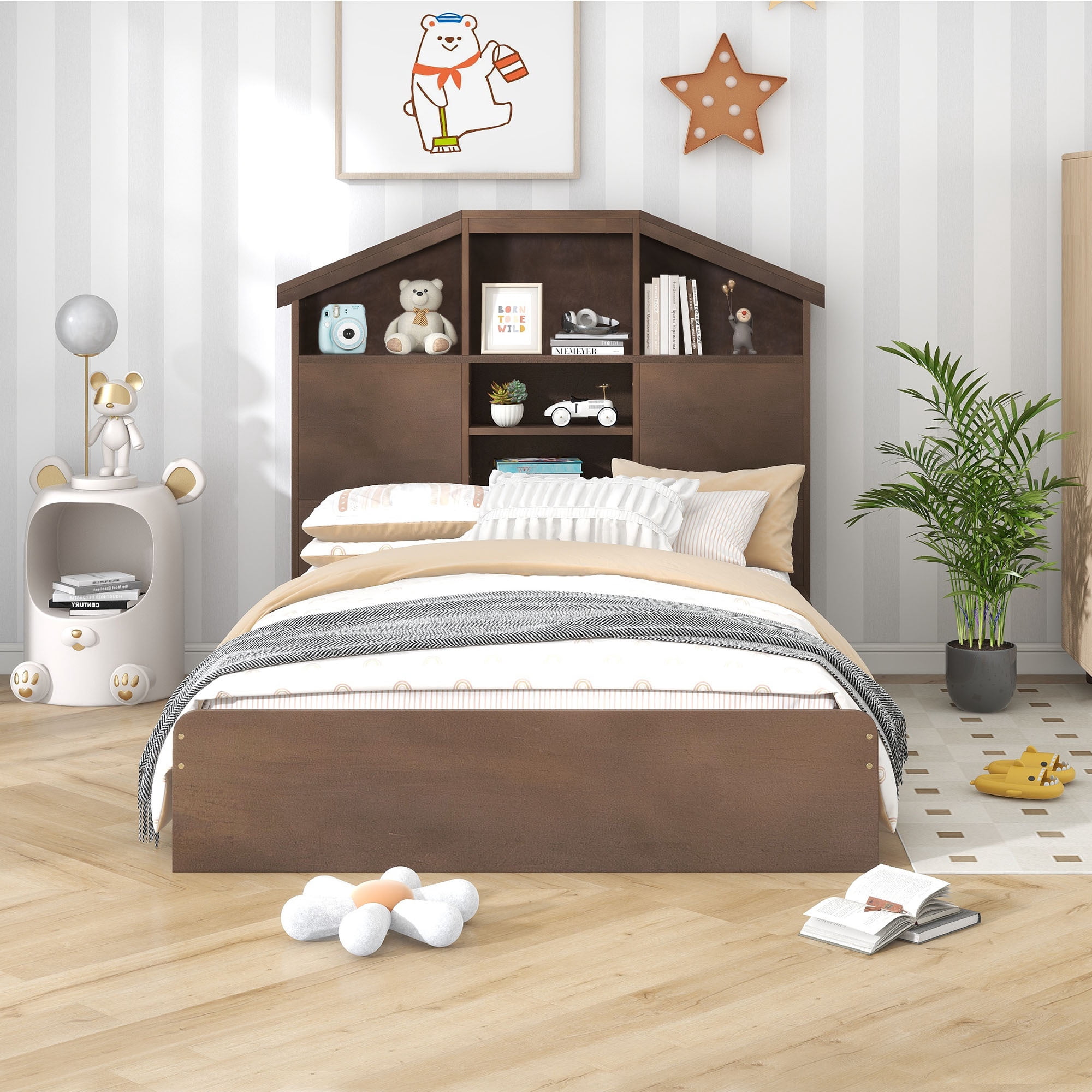 Euroco Wood Full Platform Bed with Storage Headboard Shelf and Drawers for Kids Teens, Walnut