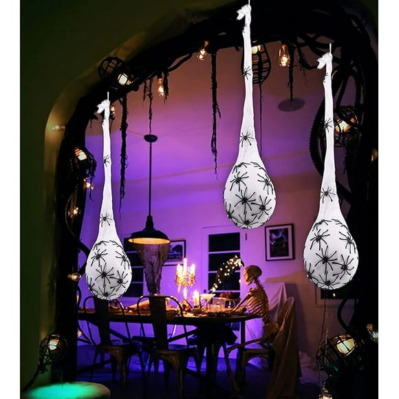Jinsinto Set of 3 light decor SPIDER Egg Bag cobweb Halloween outdoor indoor patio tree pendant latex balloon + Purple lamp - set of 3