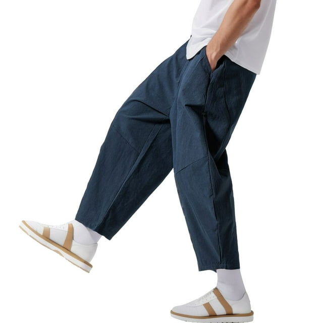 PEASKJP Men's Athletic Fit Pants Elastic Waist Drawstring Street Hip Hop Trousers with Pockets, Navy M
