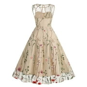 IBTOM CASTLE Women Vintage Dress 1950s Sleeveless Mesh Patchwork Cocktail Swing Dress Floral Embroidery Flare A-Line Dress Wedding Guest Evening Prom Gown XXL Apricot