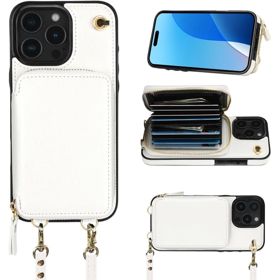 Crossbody Wallet Case for iPhone 16 Pro Max, RFID Blocking Leather Purse Case with Card Holder, Protective Handbag Flip Cover with Zipper Wrist Strap Lanyard for Women 5G 6.9 Inch (White)