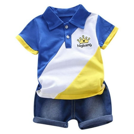 

Wuffmeow Summer Children Baby Boys Short Sleeve Crown Patchwork Pattern T-shirt Blouse+Denim Shorts Set