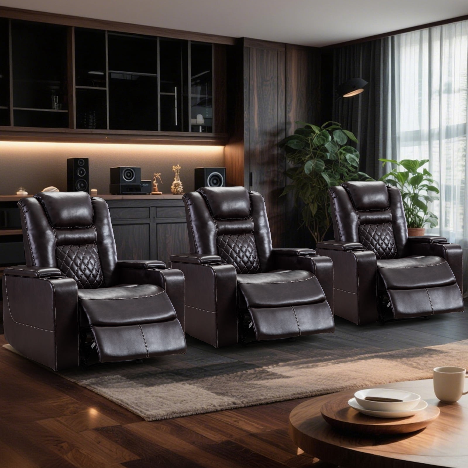 Bonzy Home Electric Recliner Chair Set of 3, Leather Home Theater Seating, Living Room Chair with USB Ports and Cup Holders Brown