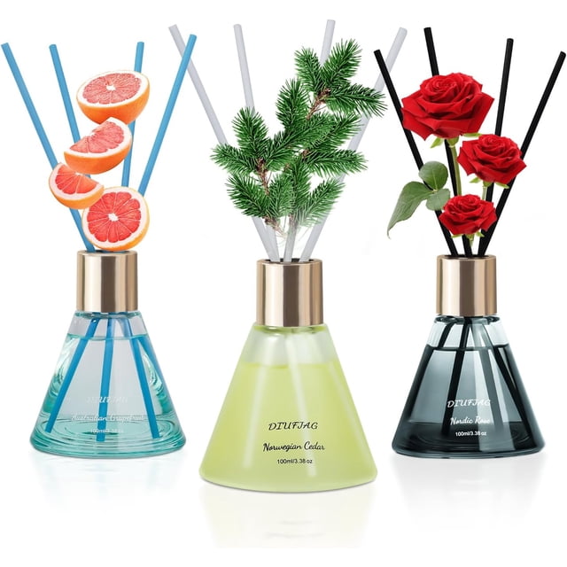 3 * 100ml Scent Diffusers with 24 Fiber Sticks,Rose Cedar Grapefruit Reed Diffusers for Room Decoration,Last Up 60 Days