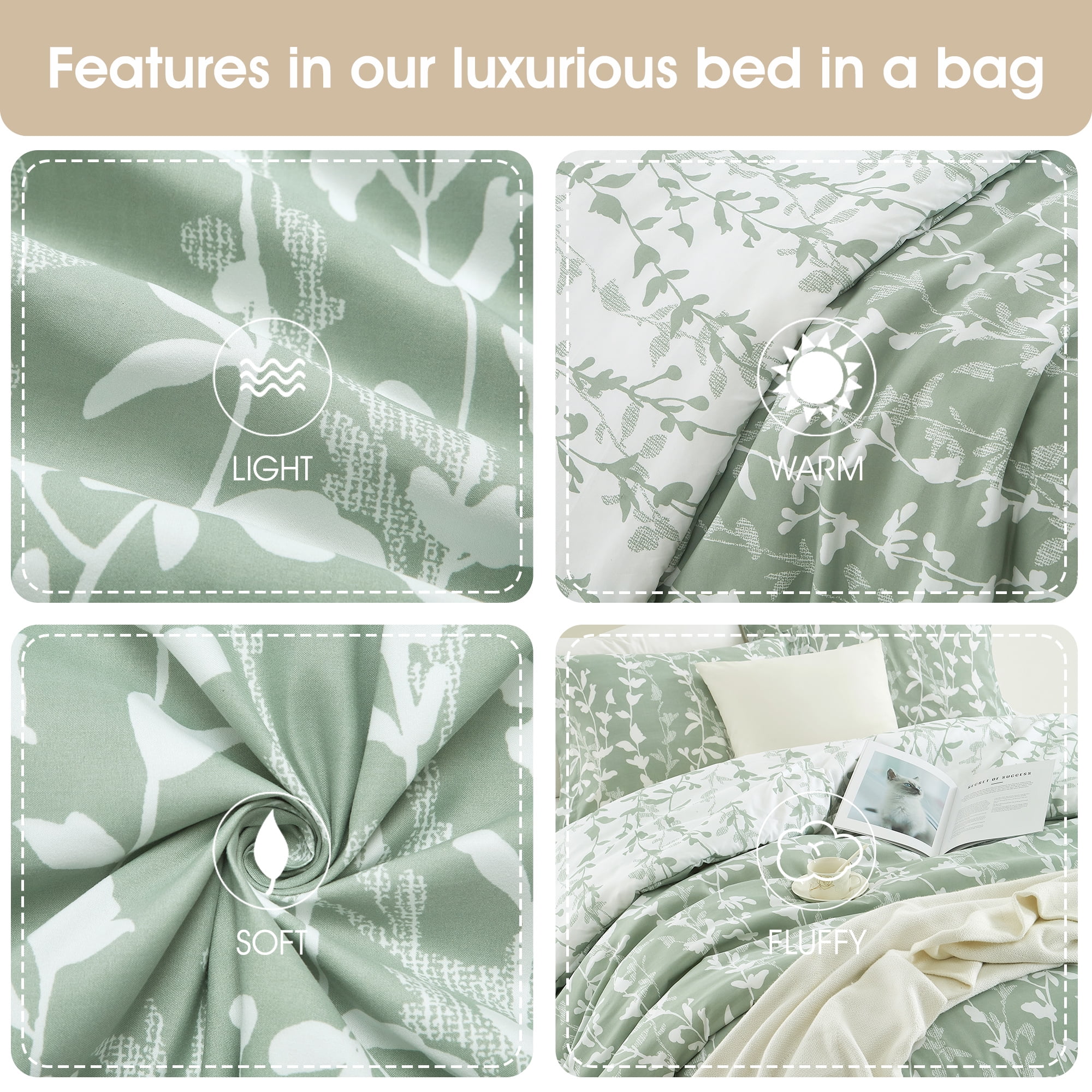 Nanshing 2 Piece Sage GreenComforter Set, Twin Size Solid Microfiber Print Bedding Set,All Season Leaves Bedding