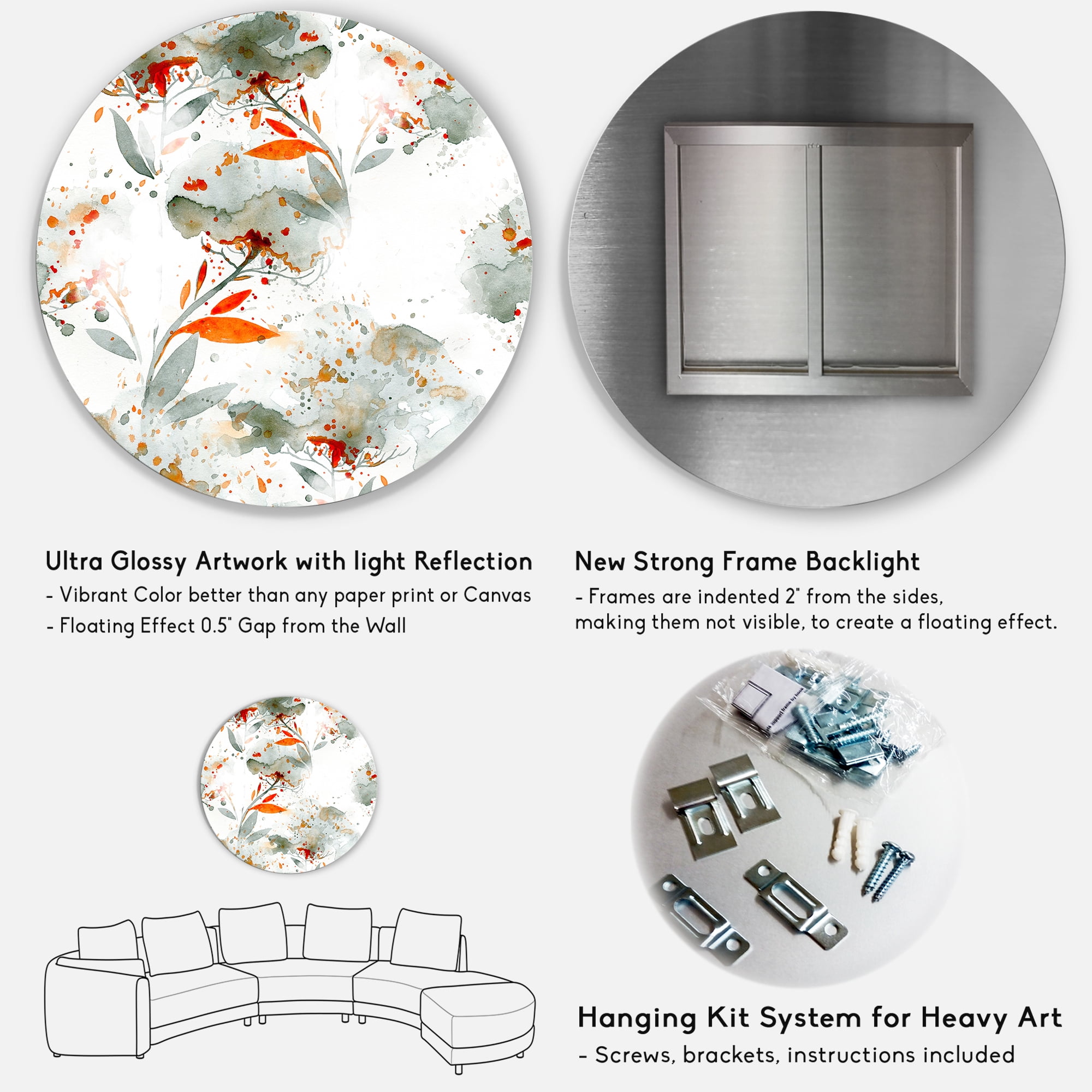 Designart 'Orange and Green Wildflowers I' Modern Circle Metal Wall Art 36x36 - Disc of 36