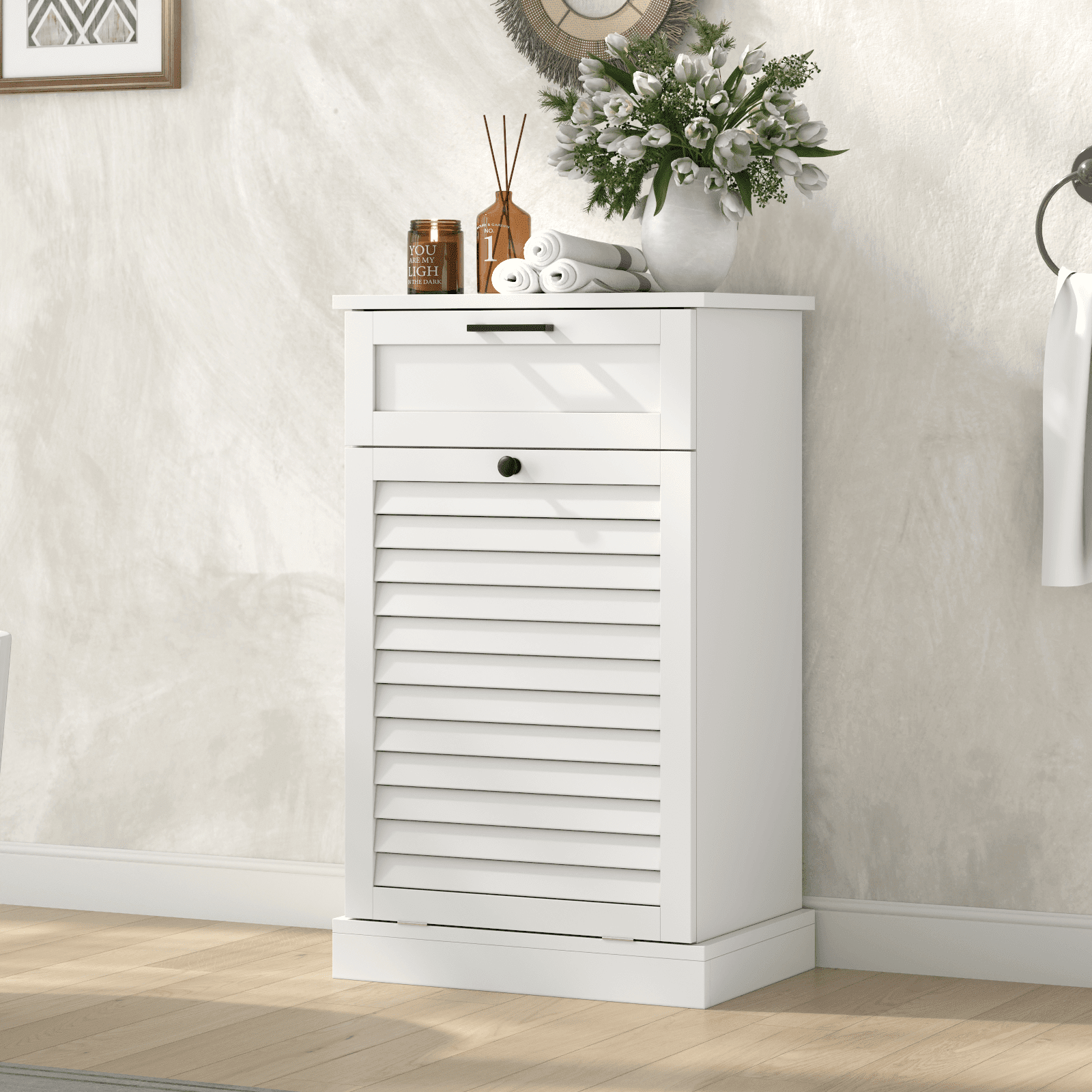 15 Gallon Tilt-Out Laundry Hamper Cabinet with Drawer, Hidden Trash Can Cabinet with Shutter Door & Laundry Basket for Bathroom & Kitchen – White (Single)