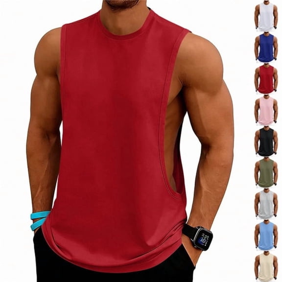 Mens Tank Tops Workout Muscle Gym Athletic Sleeveless T-Shirts Casual Vintage Cut Off Summer Beach Tops,Red L