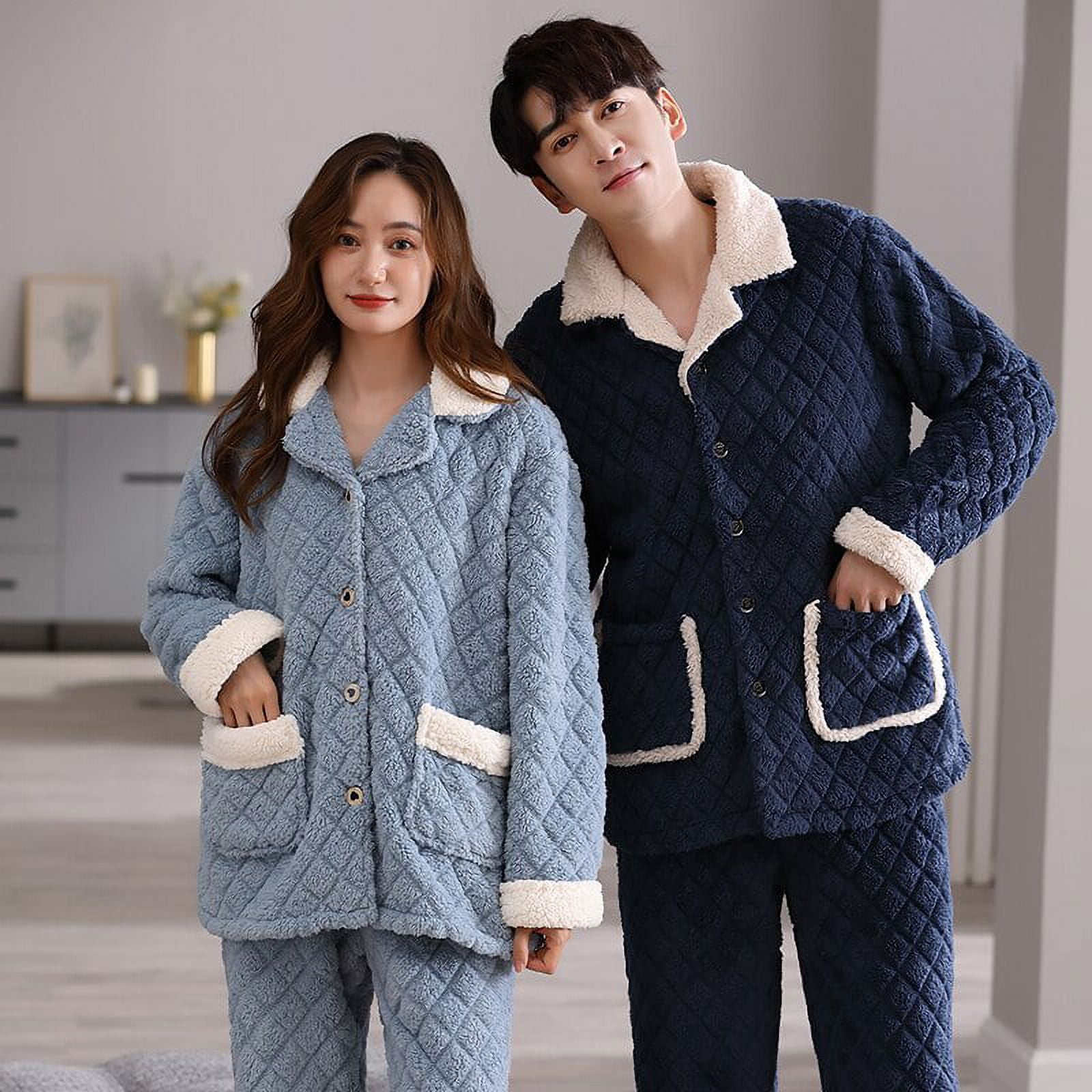 QWZNDZGR Winter Sleepwear Couple Cotton Pajama Sets Round Neck Male Pijama  Pants Home Clothes Pyjamas Women Men Loungewear Sleeping