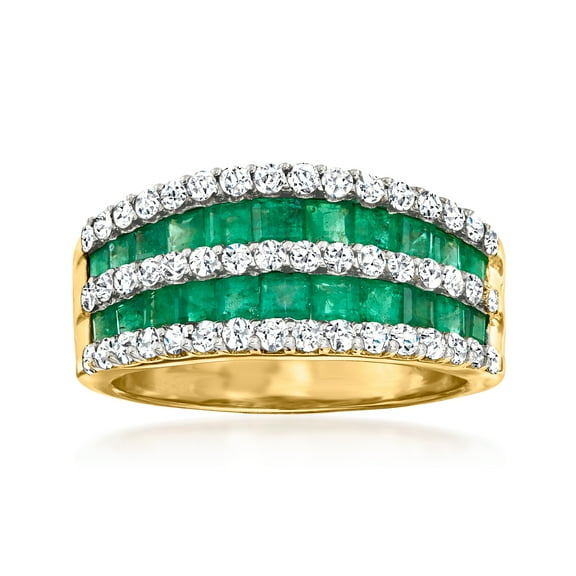 Ross-Simons 1.50 ct. t.w. Emerald and .73 ct. t.w. Diamond Multi-Row Dome Ring in 14kt Yellow Gold, Women's, Adult