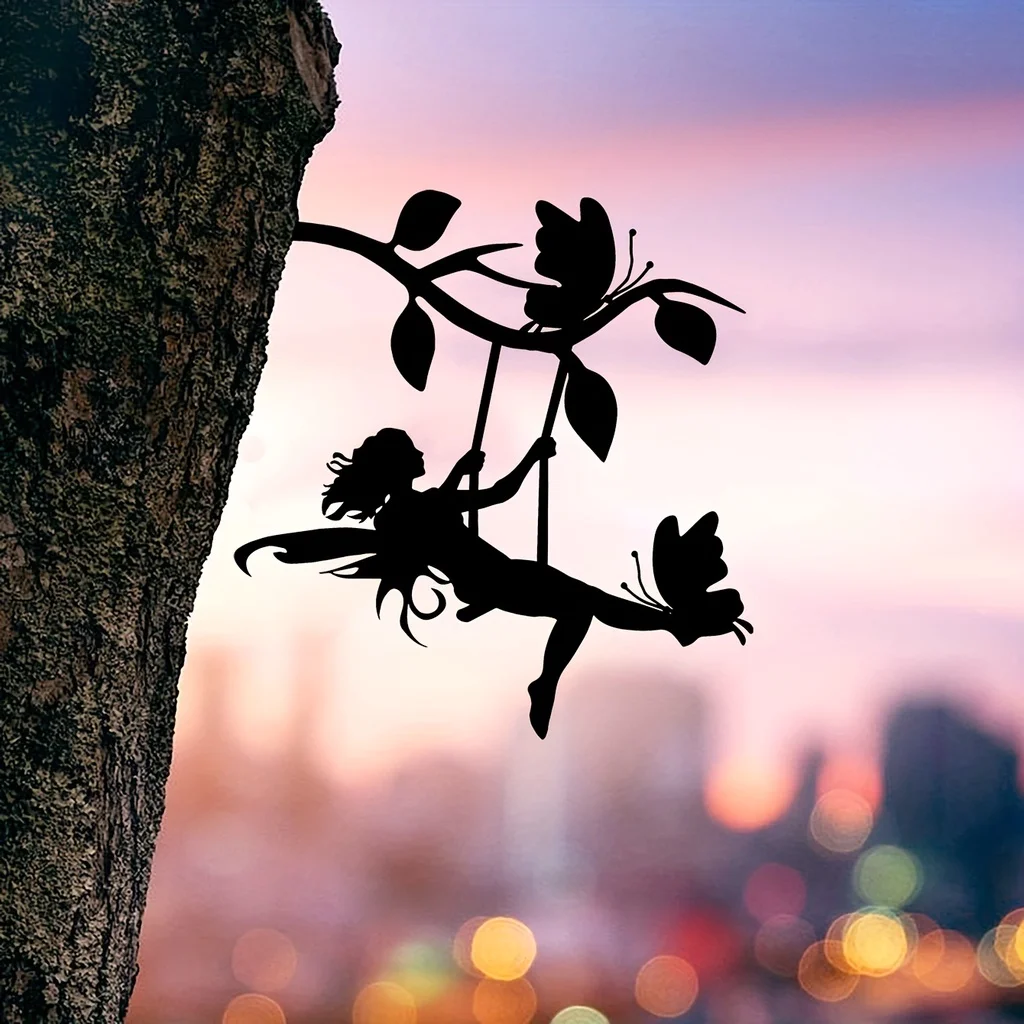 Swing Metal Wall Art Home Garden Yard Patio Statue Stake Decoration Elf On Branch Steel Silhouette for Garden Party Decor