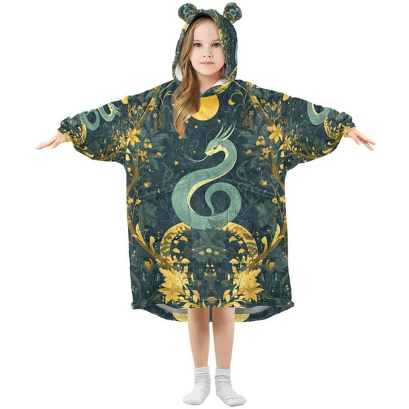 FORMRS Wearable Blanket Hoodie with Sleeves for Kids Cozy Flannel Sweatshirt, Green Celestial Serpent