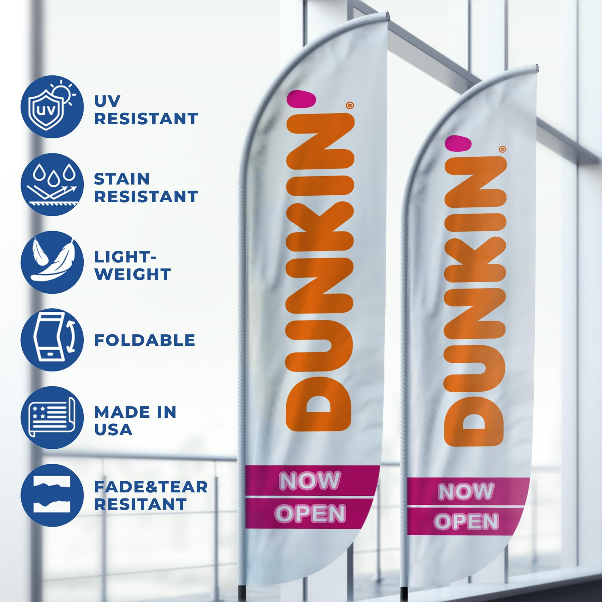 Dunkin Donuts Feather Flag(11.5Feetx2.5Feet) By Dreamcontroller For Business Outside With Optional Add-On Pole(15Feet) and Groundspike | Custom Swooper Flag | Made In Usa