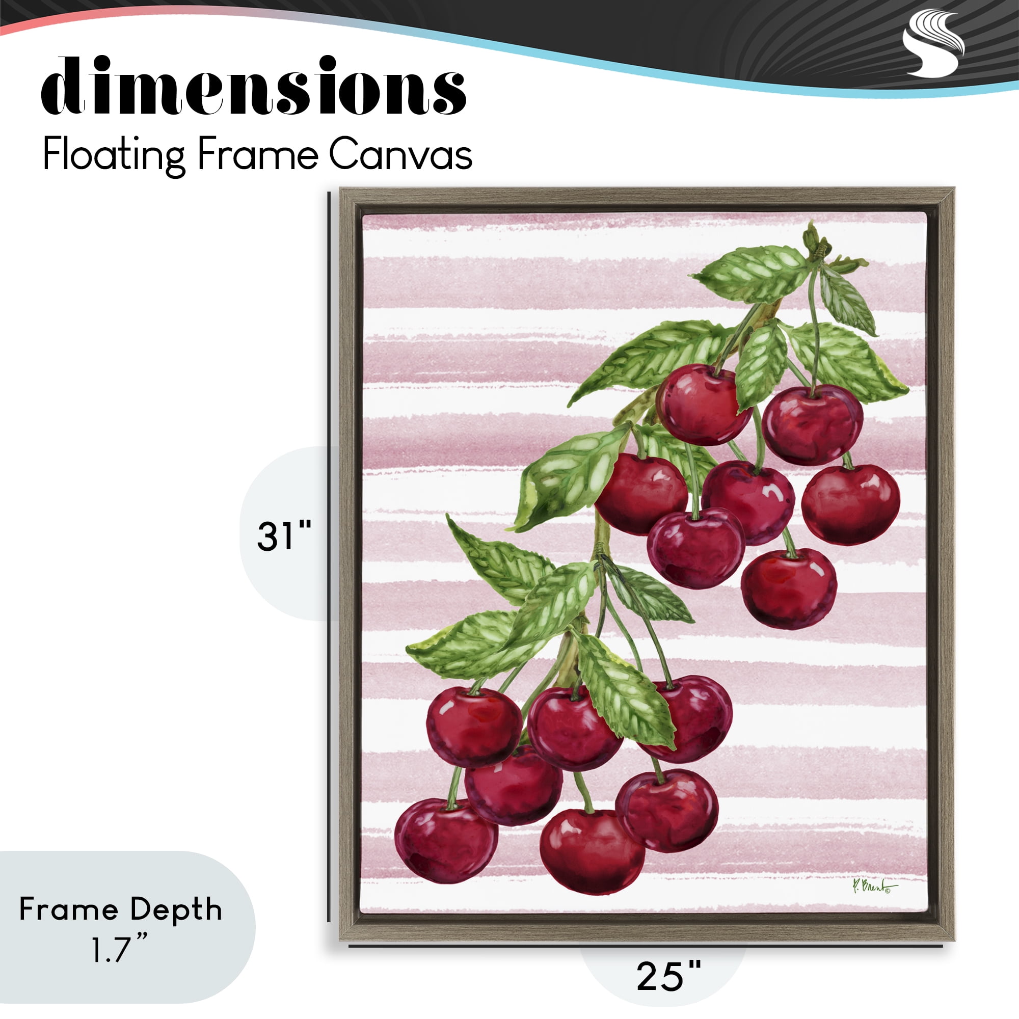 Stupell Industries Juicy Cherry Vine on Stripes Brown Framed Floater Canvas Wall Art, design by Paul Brent