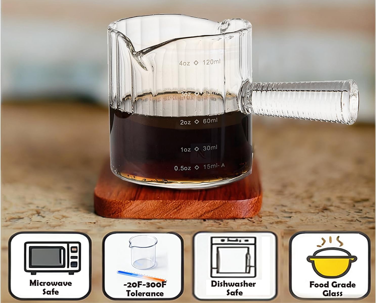 Espresso Cups Set of 2, 4 OZ Glass Double Spouts Cups, Shot Glasses, Milk Cup with Glass Handle for Dishwasher Safe, Espresso Accessories for Machine, Demitasse Cups, Small