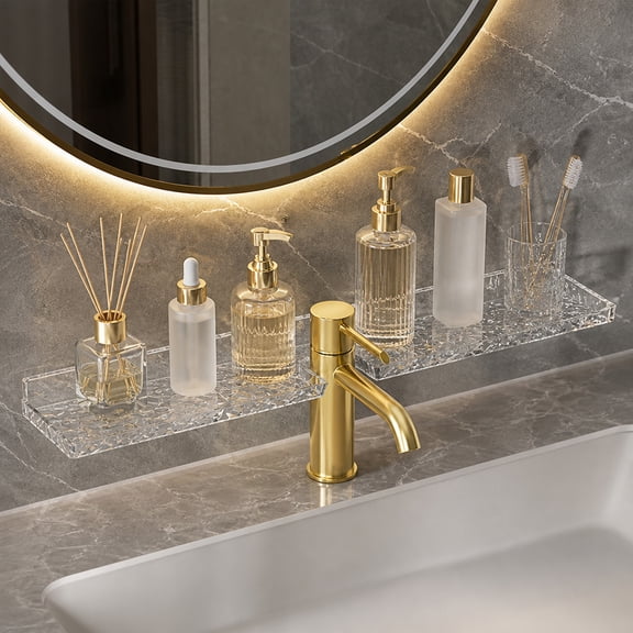 Acrylic Shower Storage Rack, Adhesive Wall Shelf No Drill, Clear Floating Shelves for Bathroom Organizer, 19.8*4.64*1.57 Inch