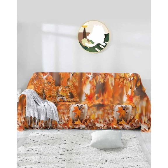 Fall Animal Sofa Covers for 3 Cushion Couch,Washable Sectional & L Shape Couch Covers for Dog/Cat/Kid,ThanksgivingOrange Autumn Maple Leaves Non Slip Sofa Slipcover Tassel Futon Cover 71''x150''