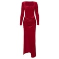 thumbnail image 5 of Pleated Velvet Prom Dress for Women with Slit Long Sleeve Formal Evening Gown Bridesmaid Dresses Red S, 5 of 7