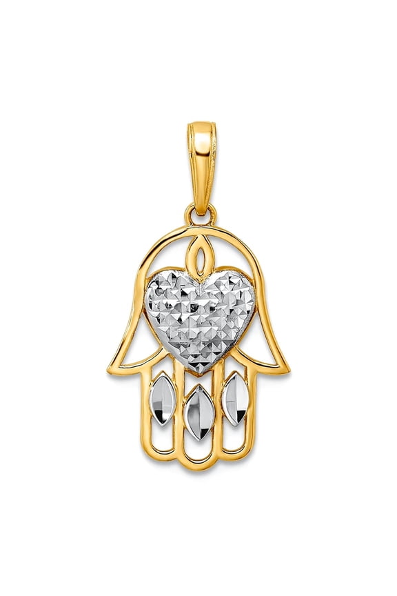 14k and White Rhodium Sparkle-Cut Love Heart Hamsa Pendant Necklace 25.44x13.41mm Wide 1.48mm Thick Pendant for Women