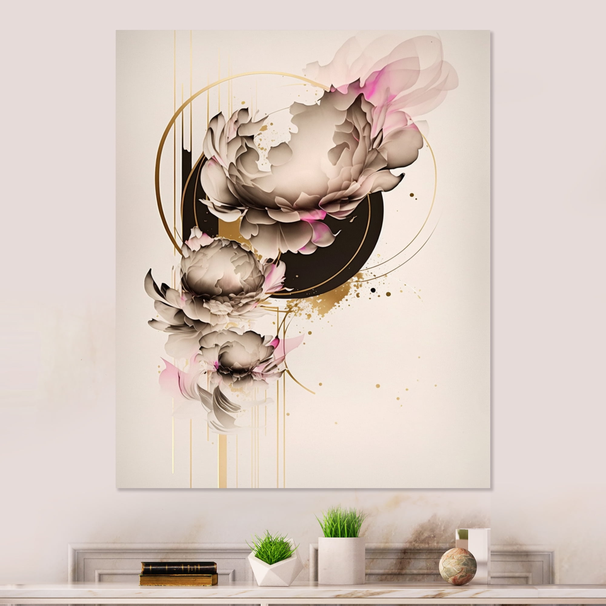 Designart Beige And Pink Peony Flowers Hyperrealistic III Canvas Wall Art