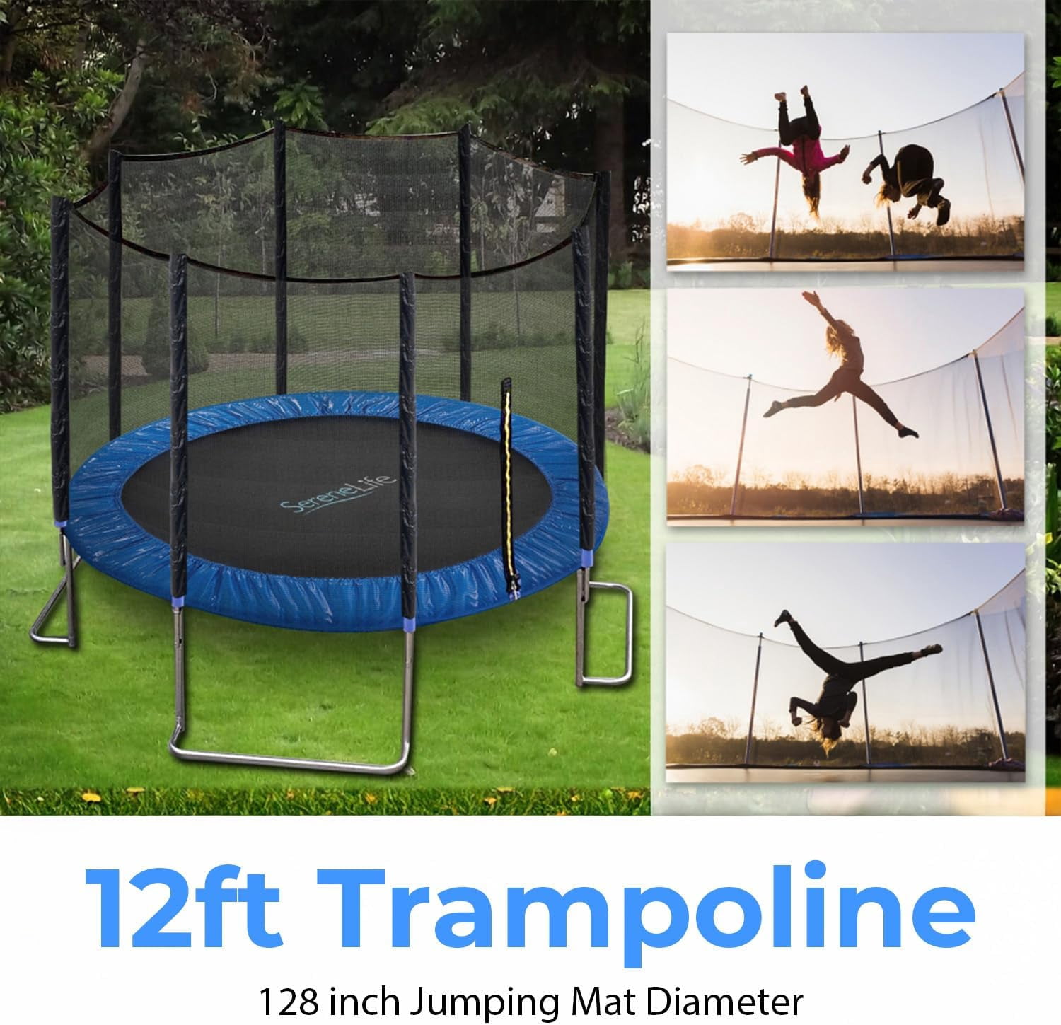 SereneLife Outdoor Trampoline with Enclosure Net & Ladder – 8FT, 10FT, 12FT & 14FT Heavy-Duty Anti-Rust Trampoline for Kids & Adults