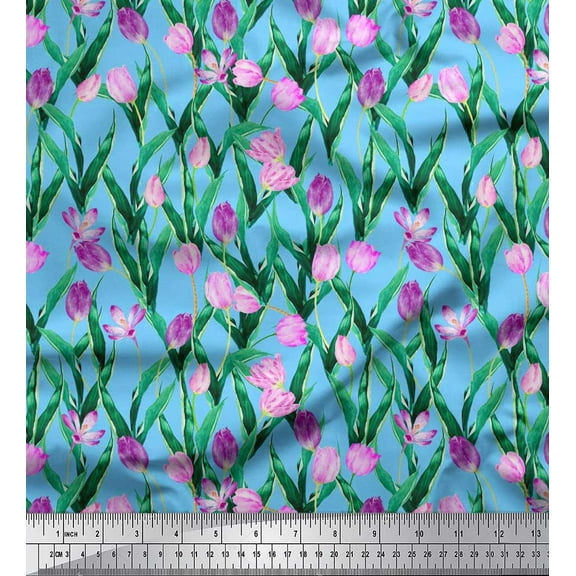 Soimoi Cotton Duck Fabric Leaves & Tulip Floral Decor Fabric Printed Yard 42 Inch Wide