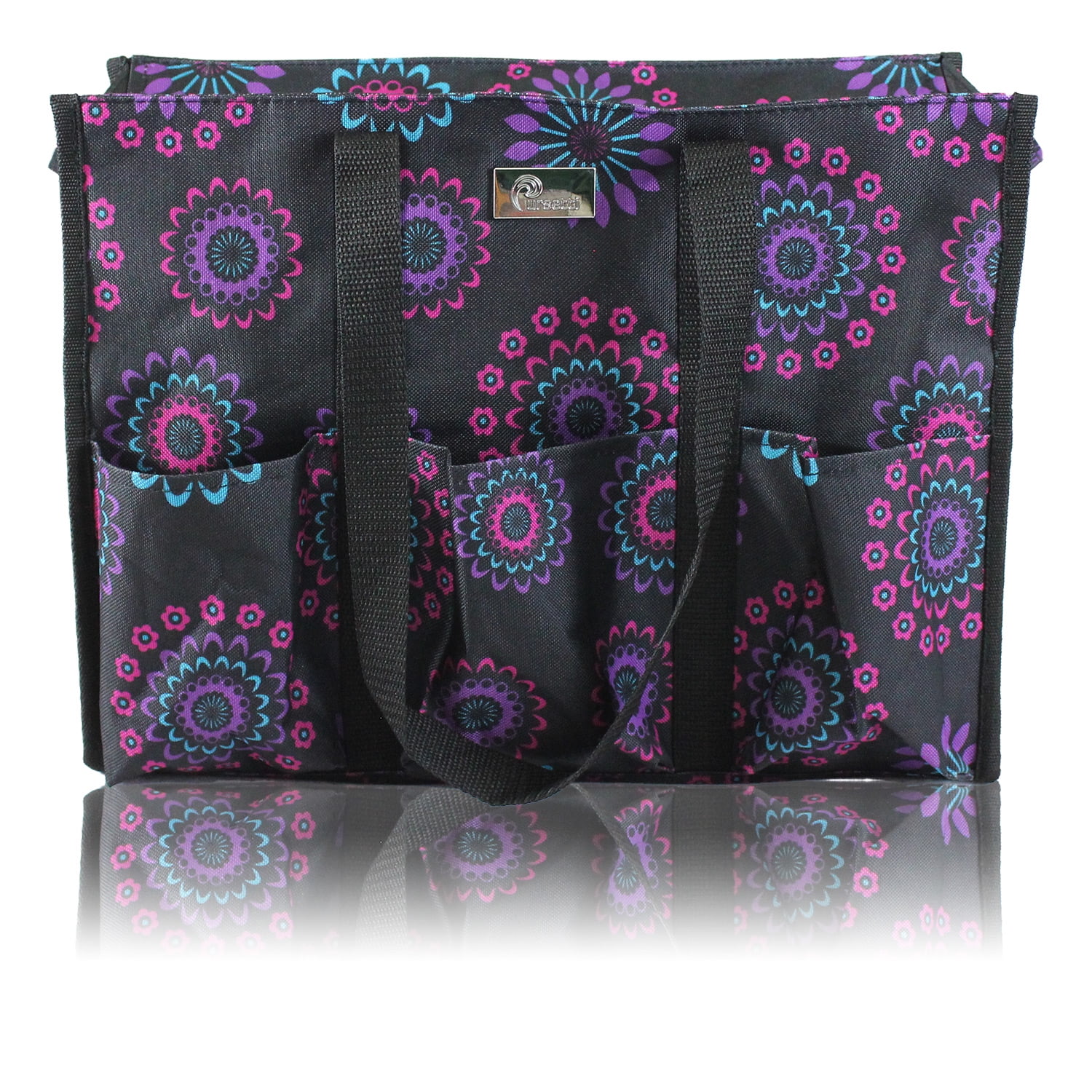 Pursetti Zip-Top Organizing Utility Tote Bag with Multiple Exterior &  Interior Pockets for Working Women, Nurses, Teachers and Soccer Moms (Black  Daisy) 