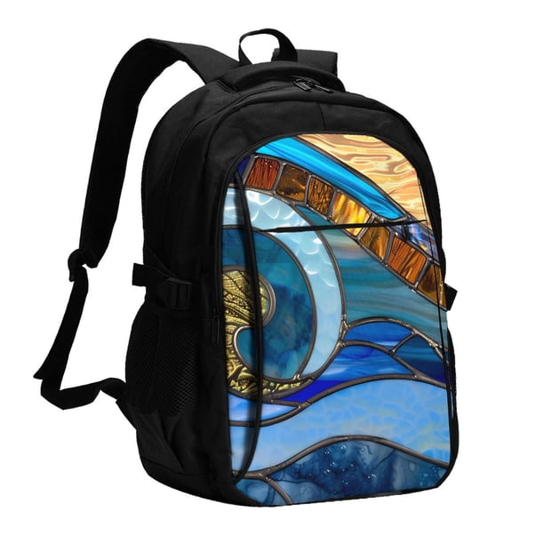 Easygdp Stained Glass Ocean Wave Mochila para Laptop de Viaje con Puerto USB, Mochila para Laptop con Puerto de Carga USB para Mujeres y Hombres