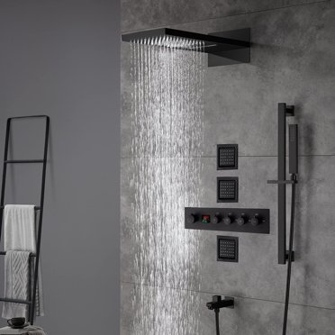 Grolta 22" Rainfall Waterfall Digital Thermostatic Shower Faucet System w/ Jets, Sprayer, Slide Bar -MB - Matte Black