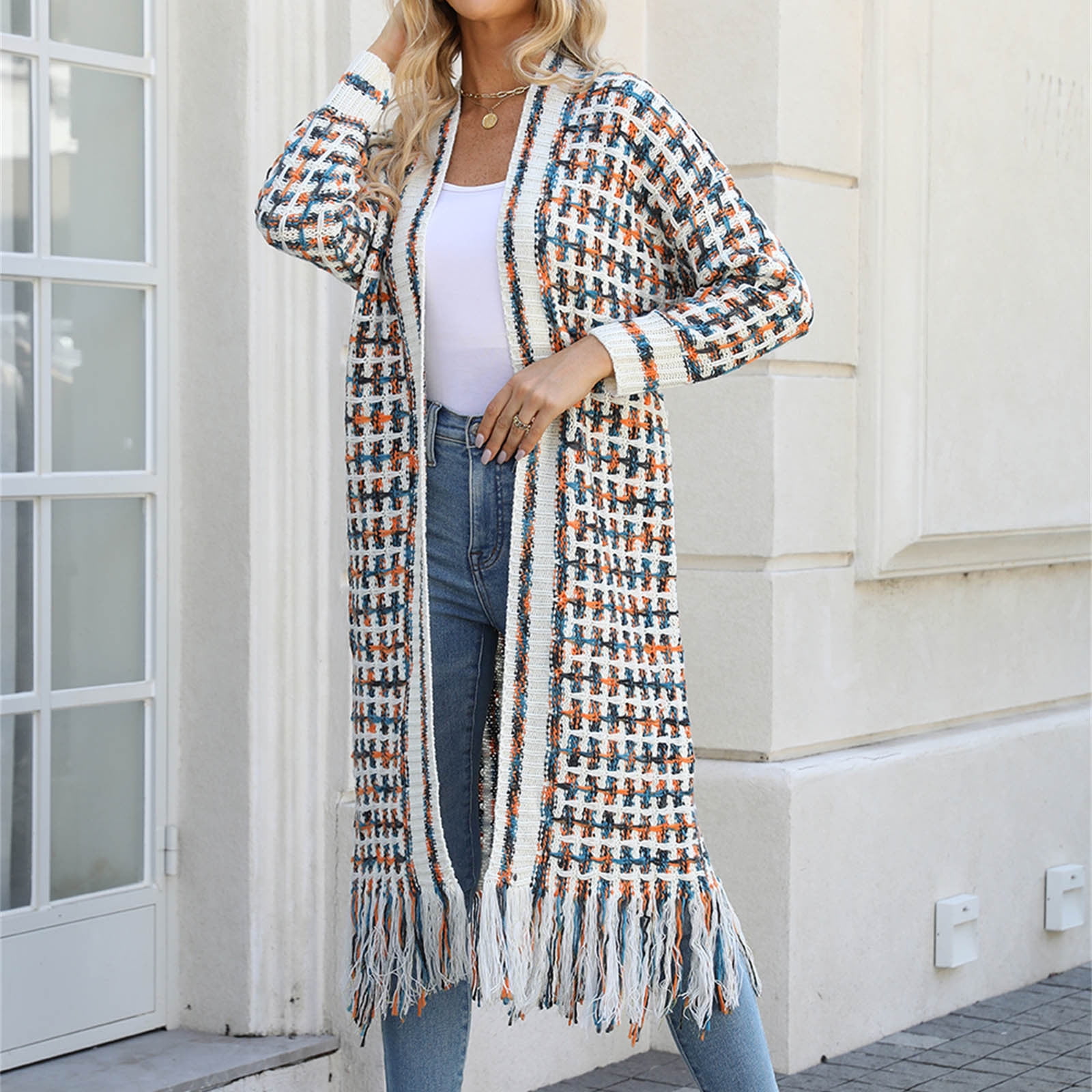 Cardigans Sweaters for Women Long Sleeve Open Front Tassels Oversized Knitted Coats Knee Length Checkered Color Block Soft Outerwear Sweater