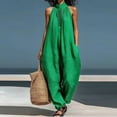 thumbnail image 2 of JULMCOMO Cotton Linen Jumpsuits for Women Collared Sleeveless Loose Fit Overalls Halter Eyelet Detail Casual Harem Pants with Pockets Green S, 2 of 4