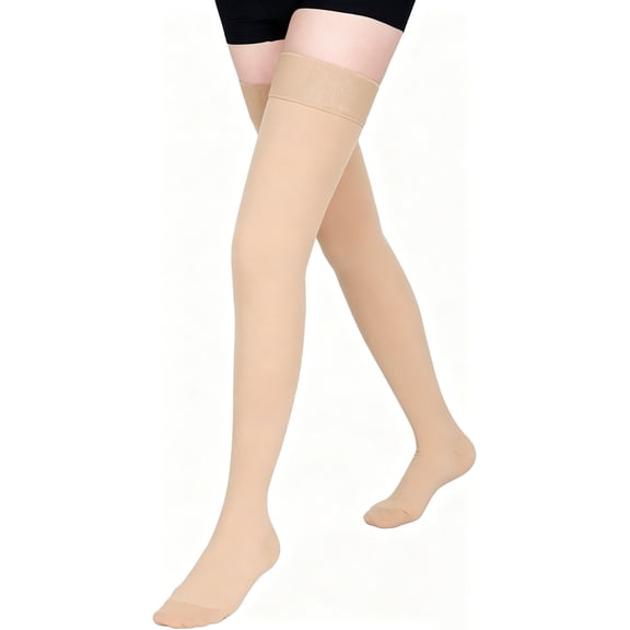 Sunm Boutique 15-20mmHg Closed Toe Compression Stockings Medical Thigh High Compression Socks for Running Nursing Sports Veins( Beige, L)