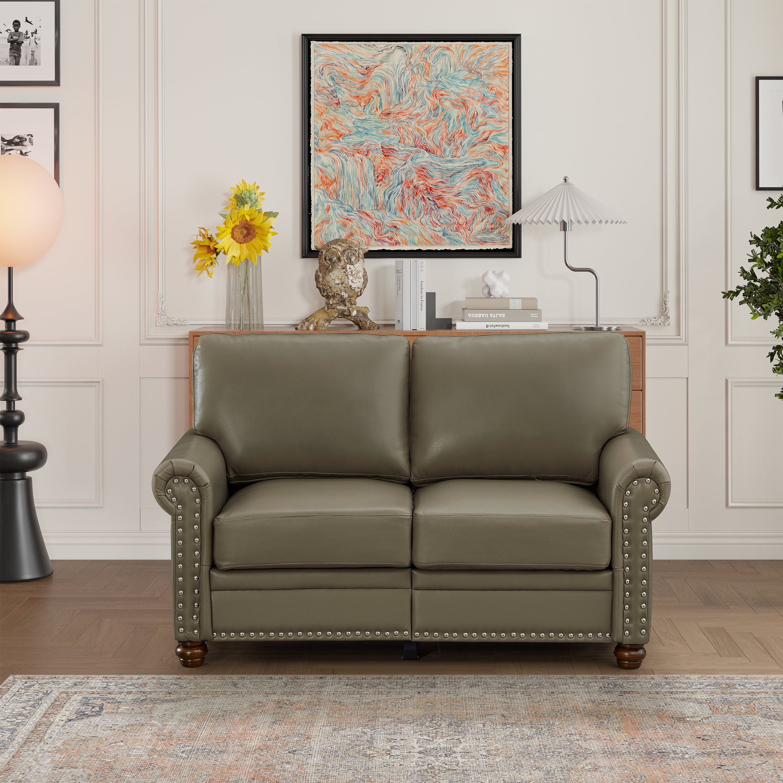 Classic Faux Leather Loveseat Small Sofa Couch with Nailhead Trim and Removable Cushions for Living Room Office Apartment