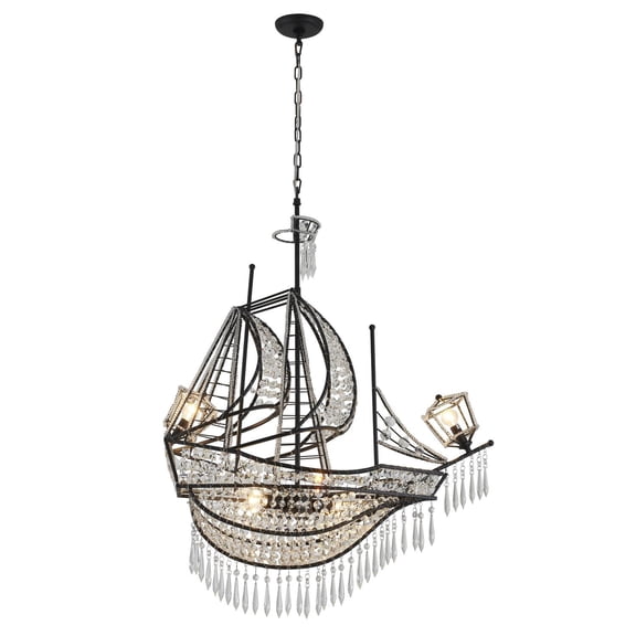 Design Living 4-Light Matte Black Sail Boat Chandelier With Clear Crystal Accents