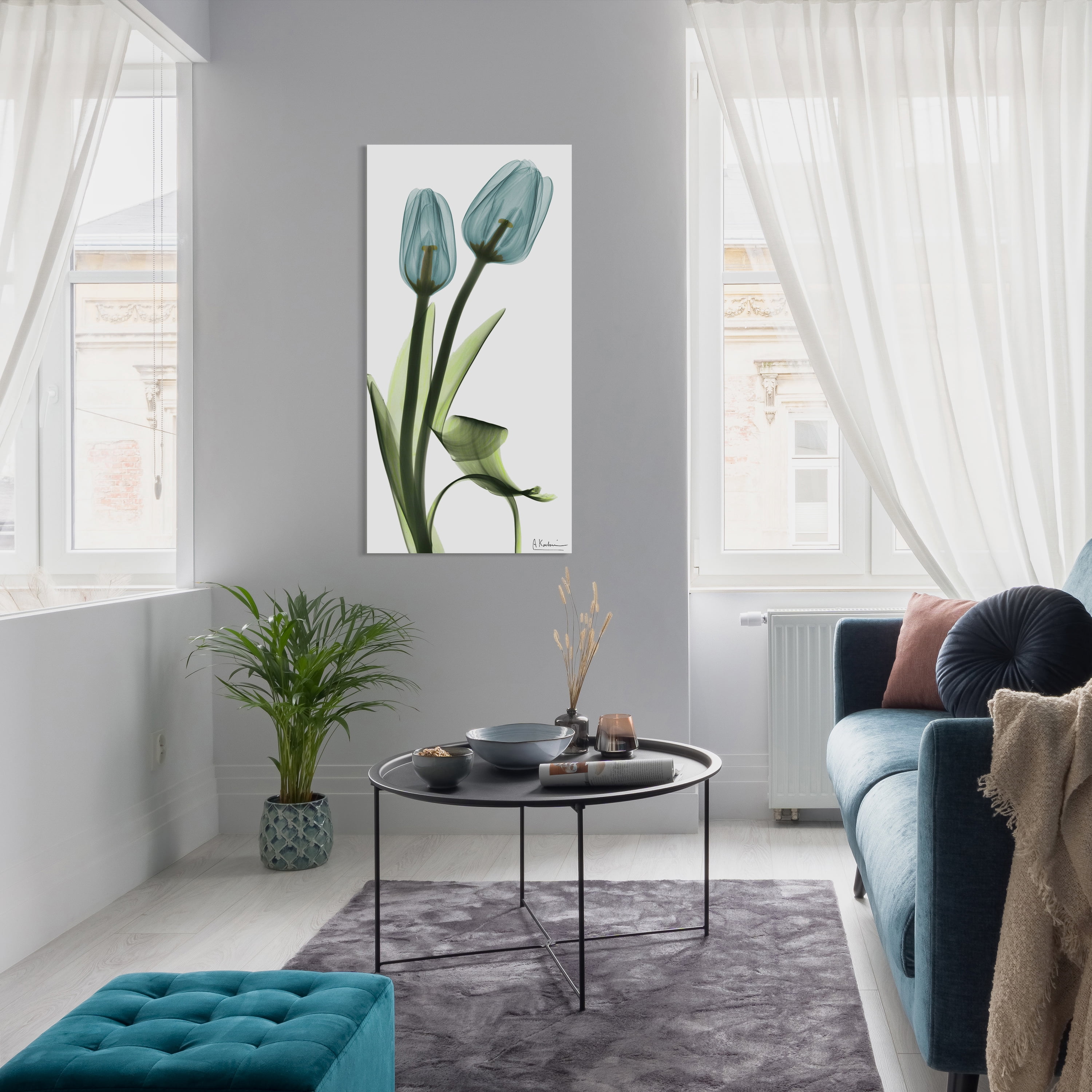 Blue Tulips Frameless Free Floating 24 in x 48 in Painting Art Prints, by Empire Art