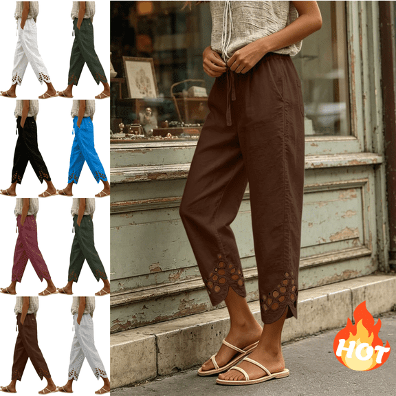 Mifsaly Womens Cropped Wide Leg Pants Hollow Out Scalloped Hem Linen Capri Trousers Lightweight Loose Fit Casual Summer Vacation Clothes with Pockets Brown,L