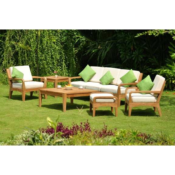 WholesaleTeak Outdoor Patio Grade-A Teak Wood Noida 6 Piece Teak Sofa Set - 3 Seater Sofa, 2 Lounge Chairs, 1 Ottoman, 1 Square Coffee Table And 1 Square End Table - Furniture only #WMSSNO