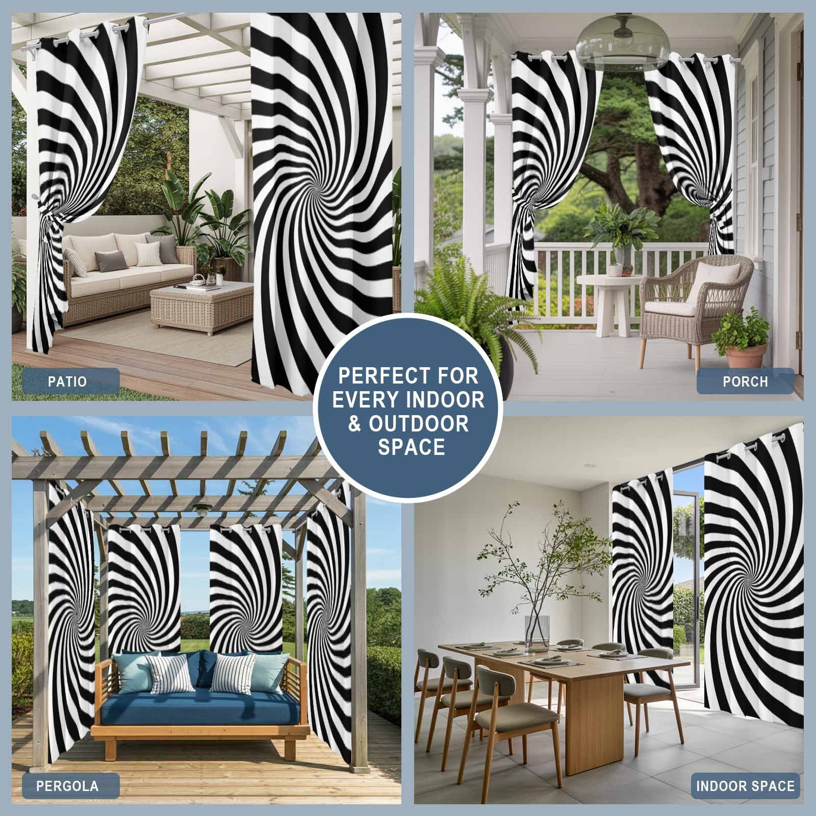 Abstract Swirl Lines Outdoor Curtains for Patio, 3D Black White Minimalist Dynamic Swirl Lines Sunshade Privacy Drapes Grommet Waterproof Outside Curtains for Porch/Cabana/Balcony 54"x 108", 1 Panel