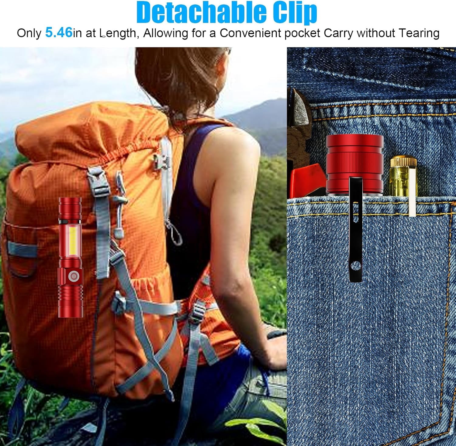 Banral Magnetic LED Flashlight,USB Rechargeable Powerful Flashlight with Cob Sidelight for Camping, Emergency -Red