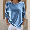 thumbnail image 2 of CIENVNSTG Women's Loose Fit Velvet Tops Long Sleeve Crew Neck Solid Color Pattern Soft Cozy Weave Casual Trendy Blouse for Spring Fall Indoor Daily Outfits And Daily Commute Sky Blue L, 2 of 4