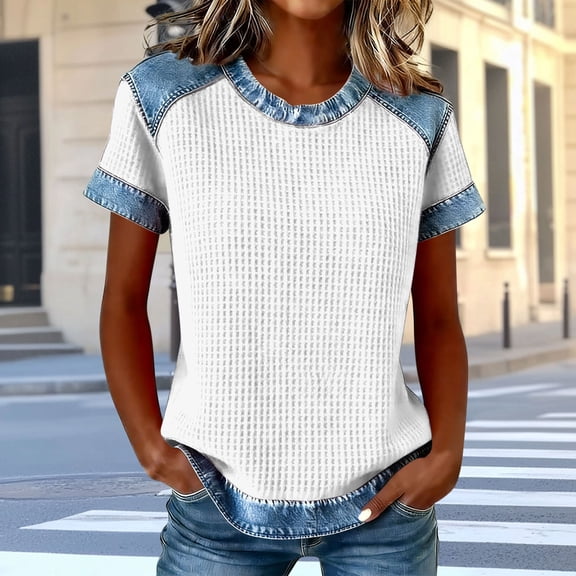 Craaazy Women's Solid Color Waffle Knit Crewneck Short Sleeve Denim Prints Trim Blouse Loose Fit Casual Top Gifts