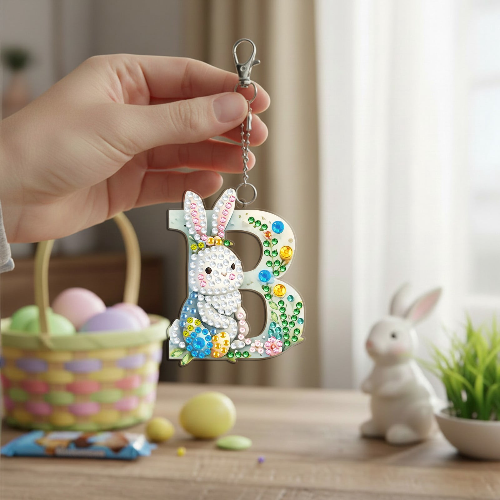 FLOPESN DIY Diamond Art Painting Easter Bunny Egg Letters Acrylic Keychain,Creative Design Double-Sided Diamond Craft For a gift to Friend Family-B