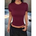 thumbnail image 6 of Gynyvoja Short Sleeve Shirts for Women Round Neck Basic Double Lined Tees Fitted Y2k Crop Tops Wine Red L, 6 of 8